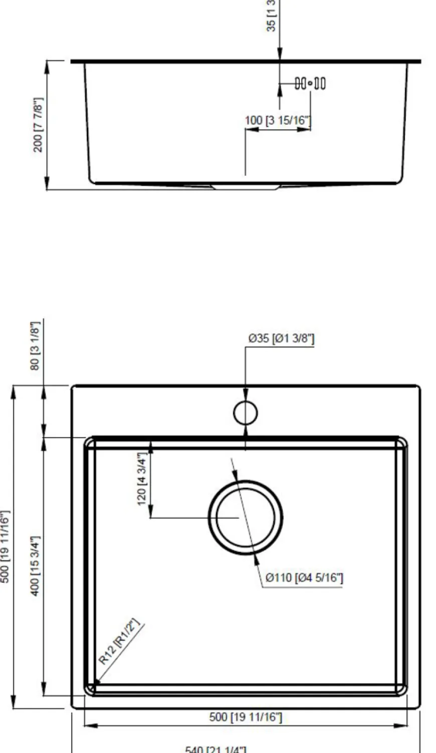 Køkkenvask sort 540 x 500 mm