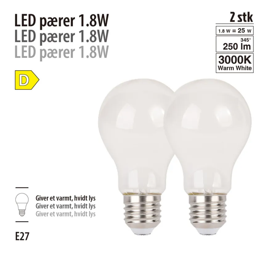 LED-filamentpære 1,8 W E27 2-pk.