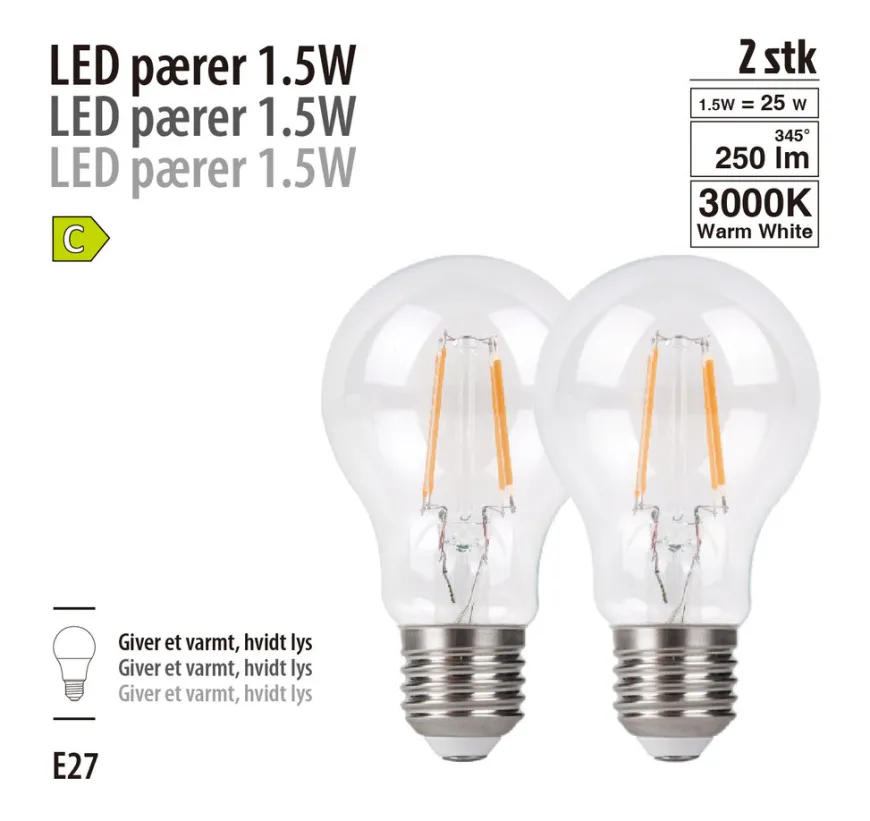 LED-filamentpære 1,5 W E27 2-pk.