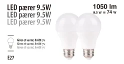 LED-pære standard 9,5 W E27 2-pk.