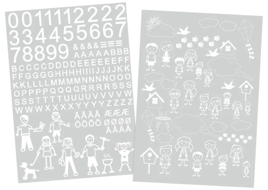 Postkassestickers med tal, bogstaver og figurer hvid